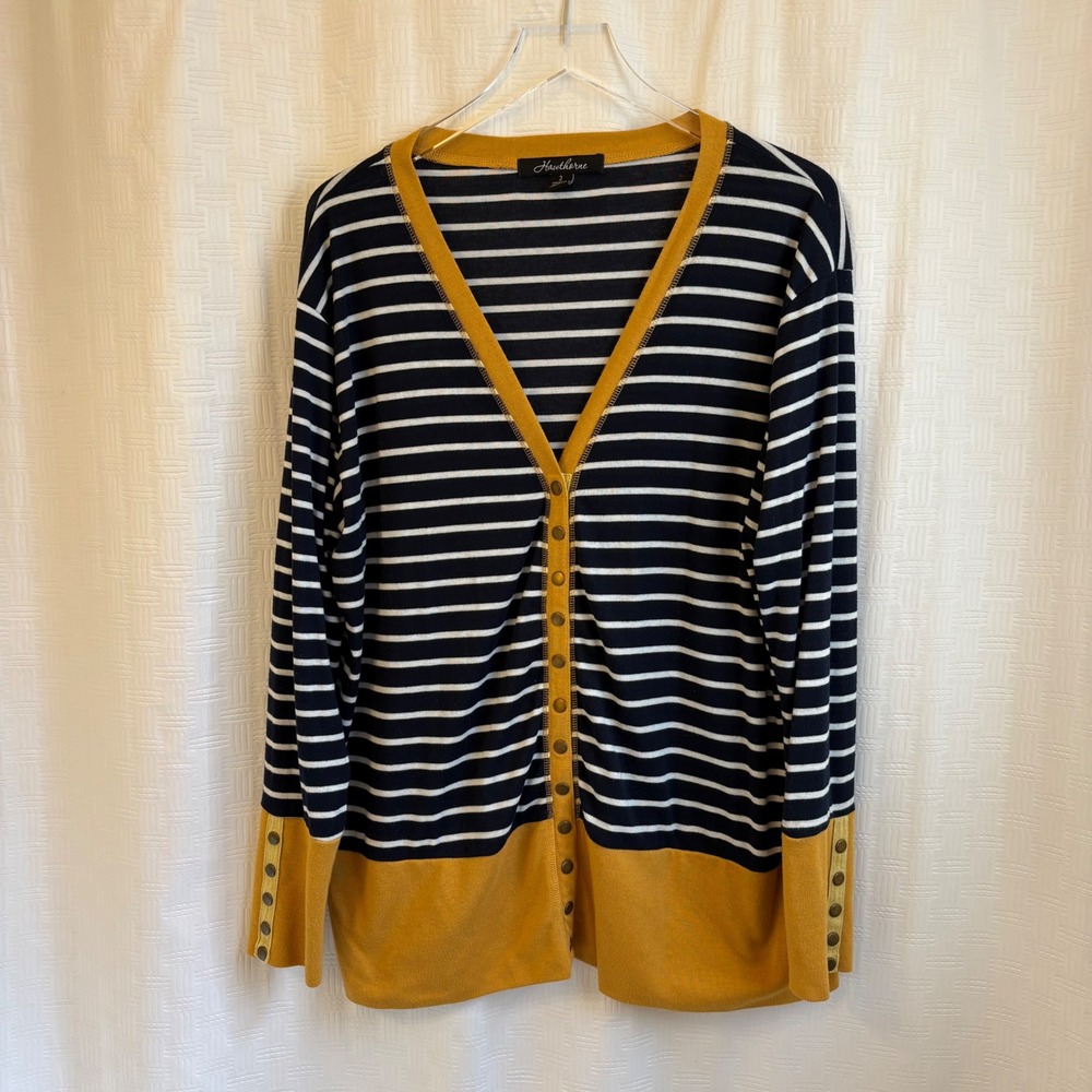Hawthorne Cardigan Sweater Womens 2X Navy Blue White Striped Mustard Yellow Trim - Picture 2 of 6